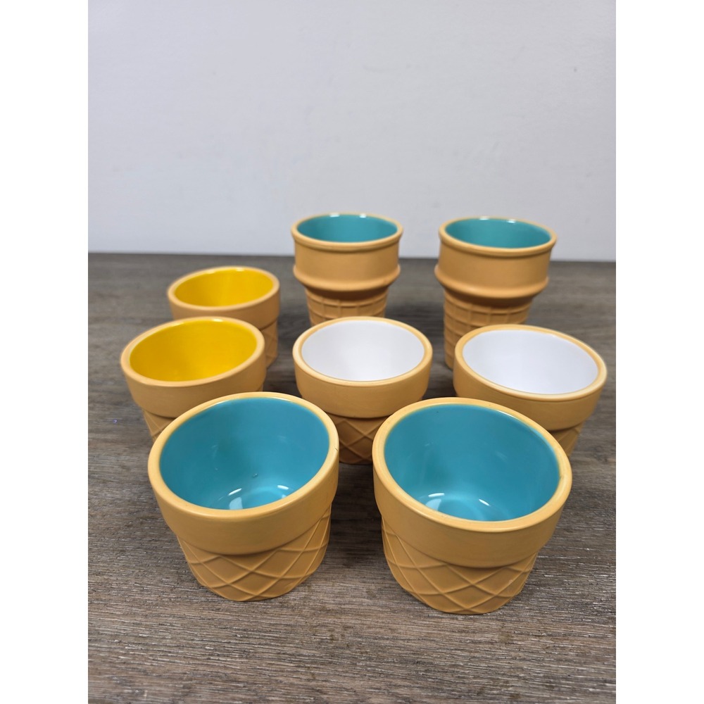 Set of 8 Ceramic Ice Cream Cone Bowls Earthenware Pastel Dessert